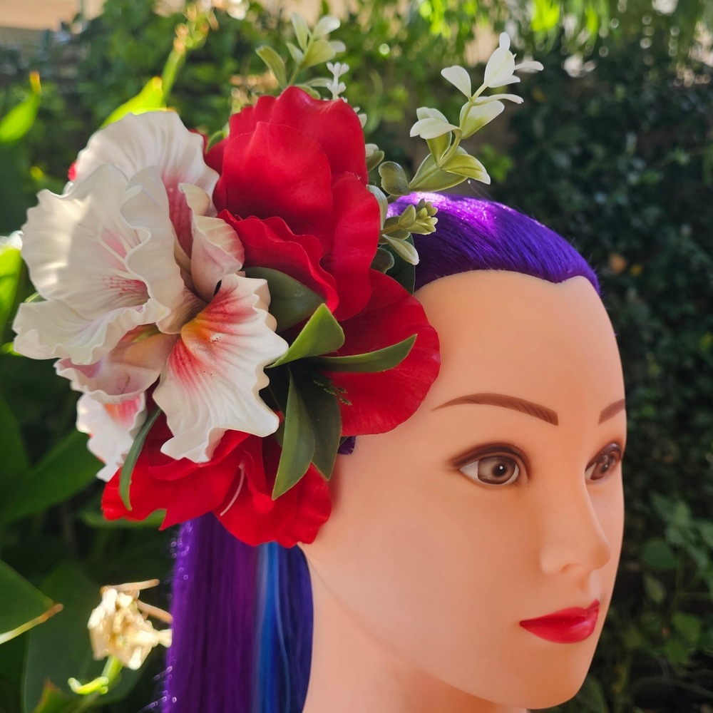 Handmade‎ Red Gladiolus White Iris Tropical Hair Flower Rockabilly Tiki Pinup